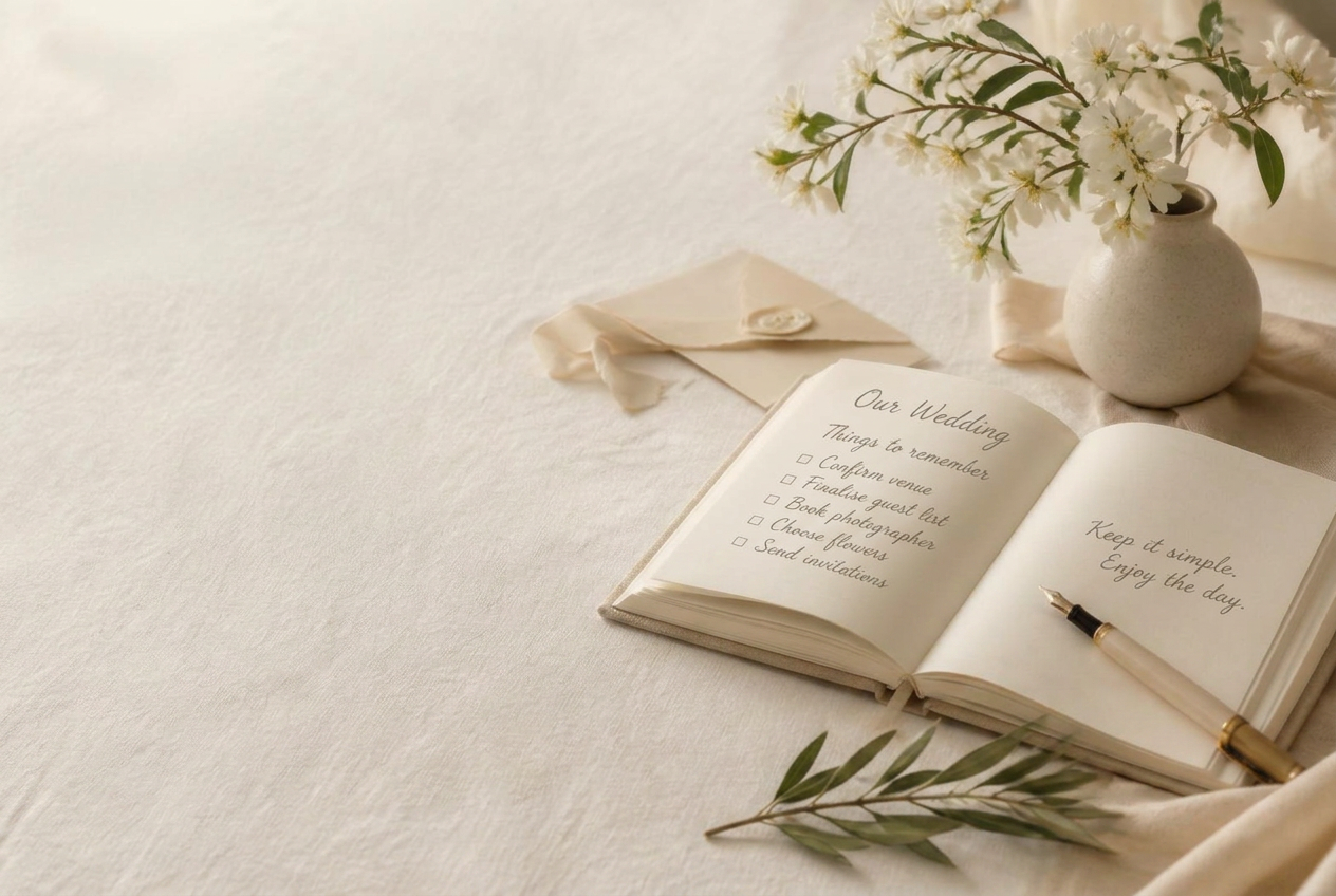 A calm Mediterranean table set with wedding planning notes and flowers