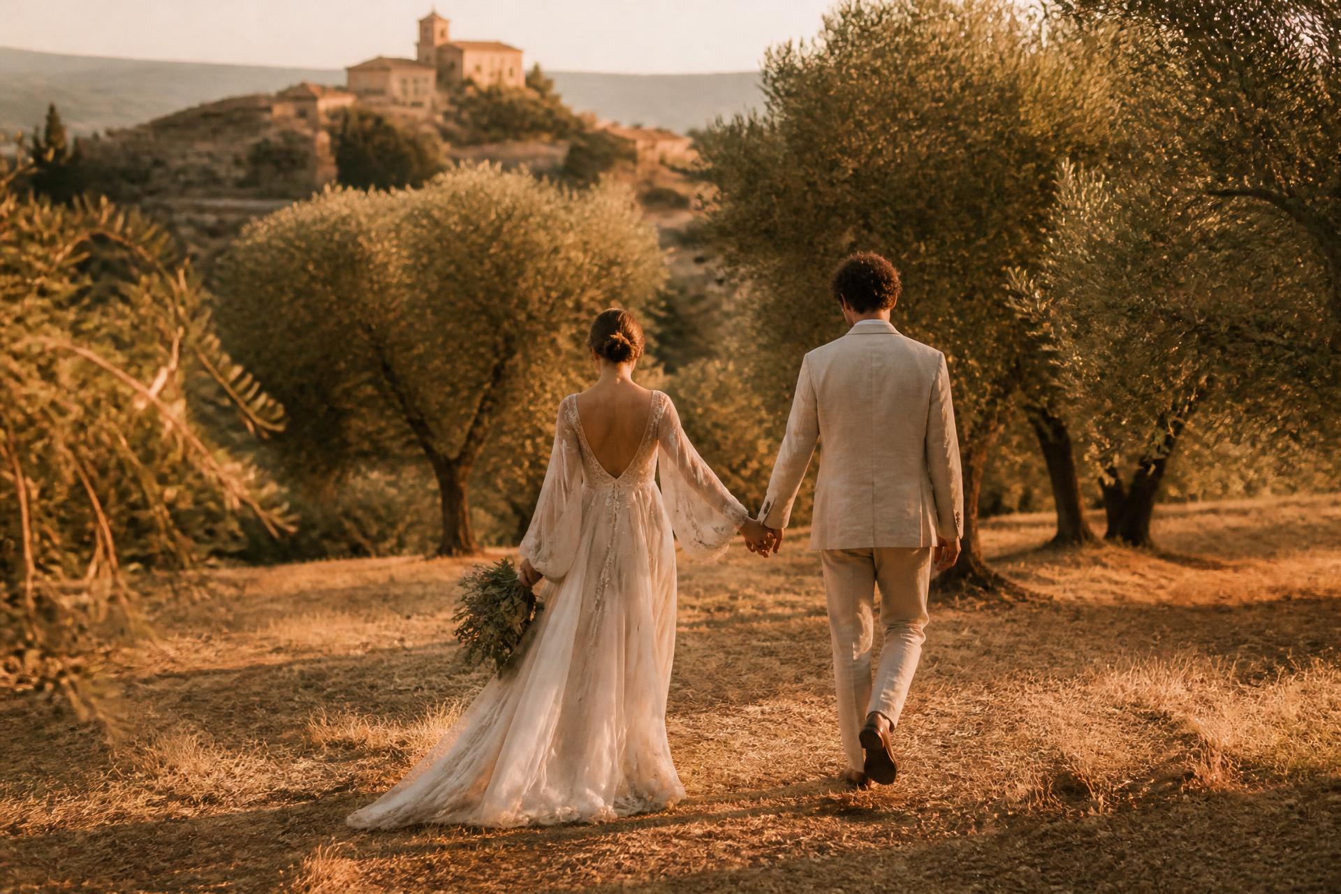A couple walking together through a sunlit Mediterranean courtyard