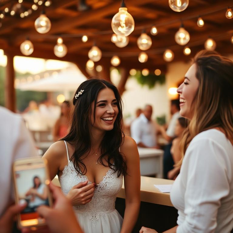 Two friends laughing together at an outdoor wedding bar beneath string lights
