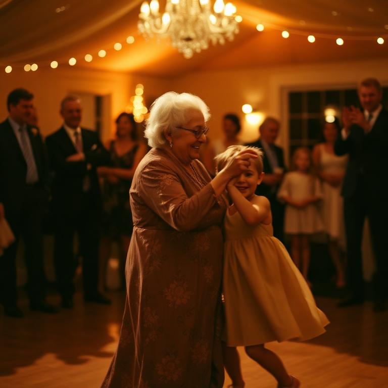 A grandmother dancing with a young child on the wedding dance floor