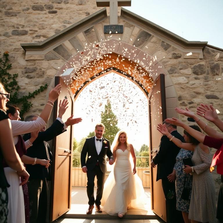 Confetti thrown over the couple as they leave a stone chapel in sunlight