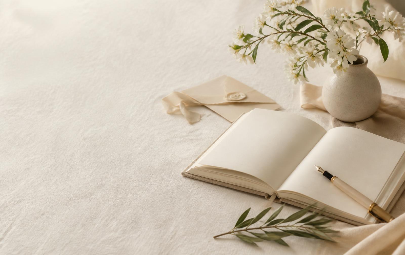An open linen wedding planning journal with a pen, olive sprig and invitation card on ivory linen