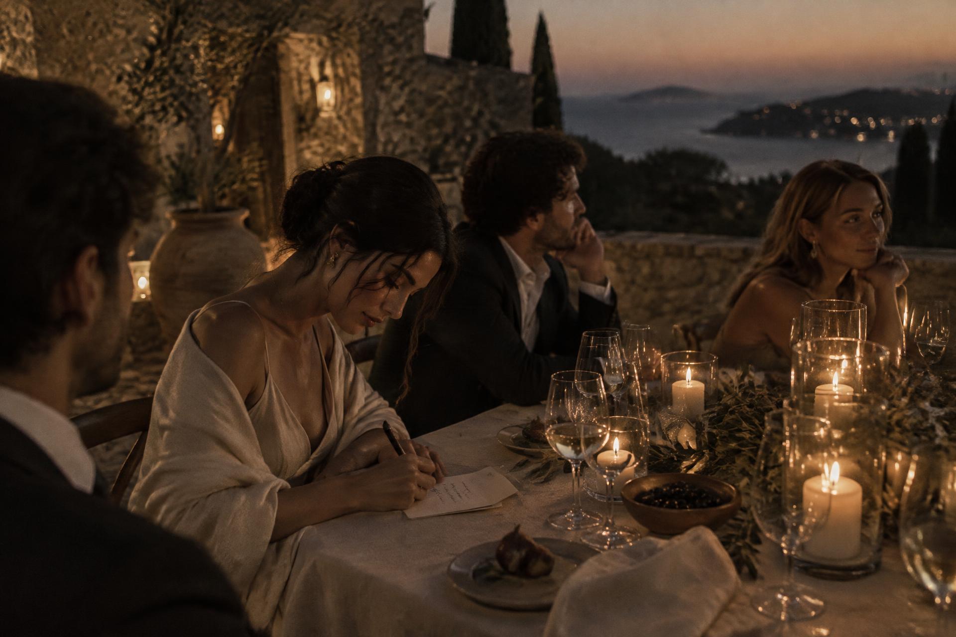 A guest writing a note at a wedding table after the celebration